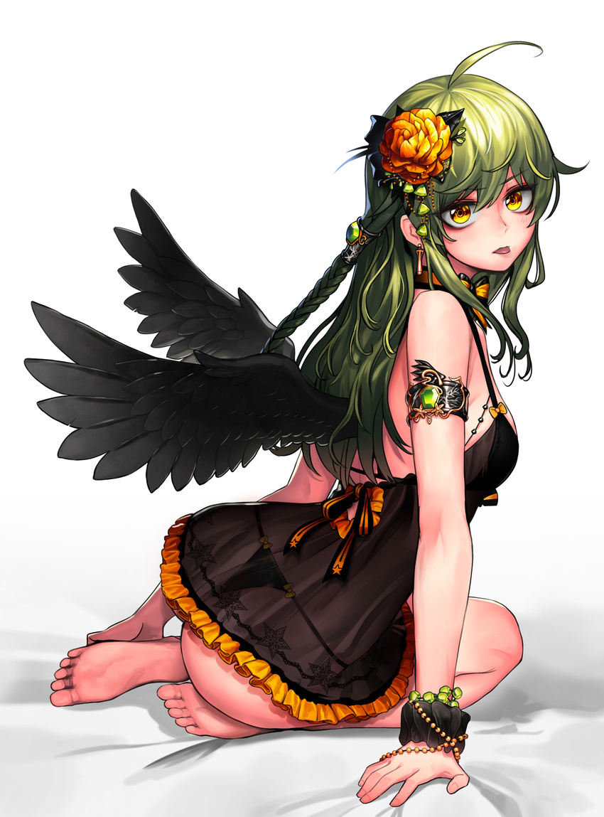 :p arm_at_side arm_support armlet ass babydoll bangs bare_shoulders barefoot bead_bracelet beads bed_sheet black_bow black_bra black_neckwear black_panties black_wings blush bow bowtie bra bracelet braid breasts cain_(gunnermul) earrings eyebrows_visible_through_hair feathered_wings feet fingernails flower frills from_side gem green_hair hair_flower hair_ornament highres jewelry lingerie long_hair looking_at_viewer on_bed orange_flower original panties sapphire_(stone) scrunchie see-through side_braid simple_background sitting sitting_on_bed small_breasts soles solo spread_wings thong toes tongue tongue_out twisted_torso underwear underwear_only white_background wings wrist_scrunchie yellow_eyes yokozuwari