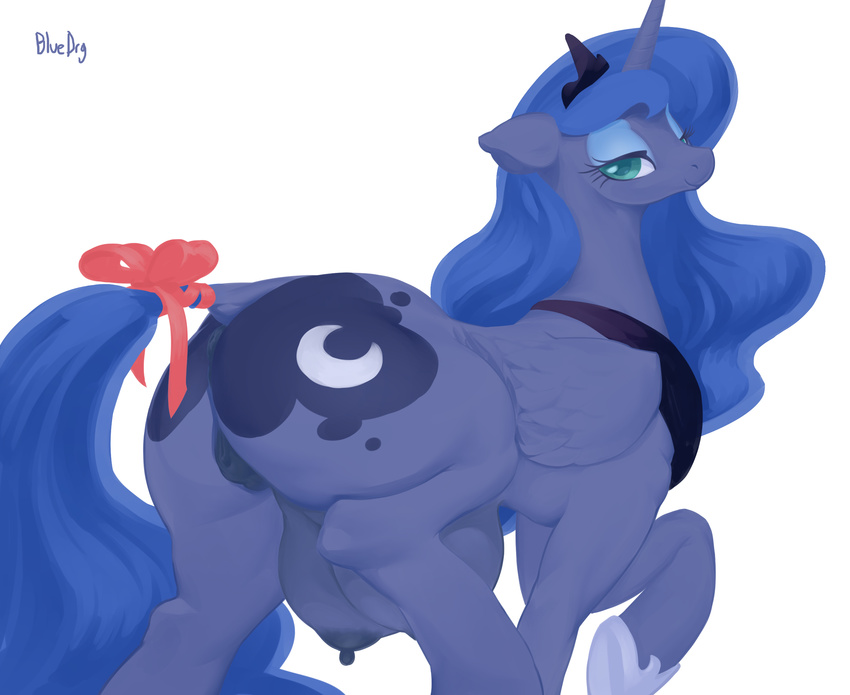 anus big_butt big_teats bluedrg19 butt equine feathered_wings feathers female feral friendship_is_magic horn looking_at_viewer mammal my_little_pony nipples princess_luna_(mlp) pussy seductive simple_background smile solo teats white_background winged_unicorn wings