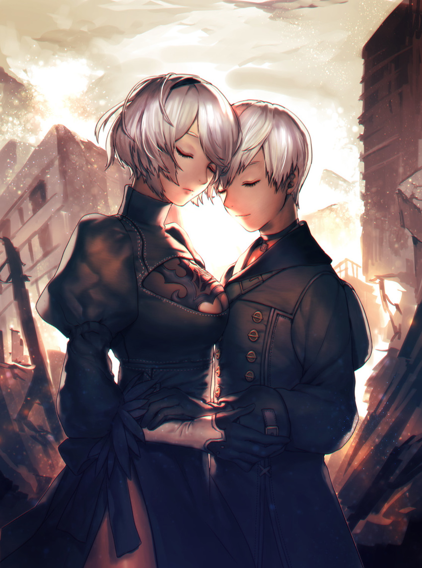 1girl black_dress breasts cleavage closed_eyes commentary_request couple dress gloves hetero highres kokutan_kitsunen medium_breasts mole mole_under_mouth nier_(series) nier_automata no_blindfold ruins white_hair yorha_no._2_type_b yorha_no._9_type_s
