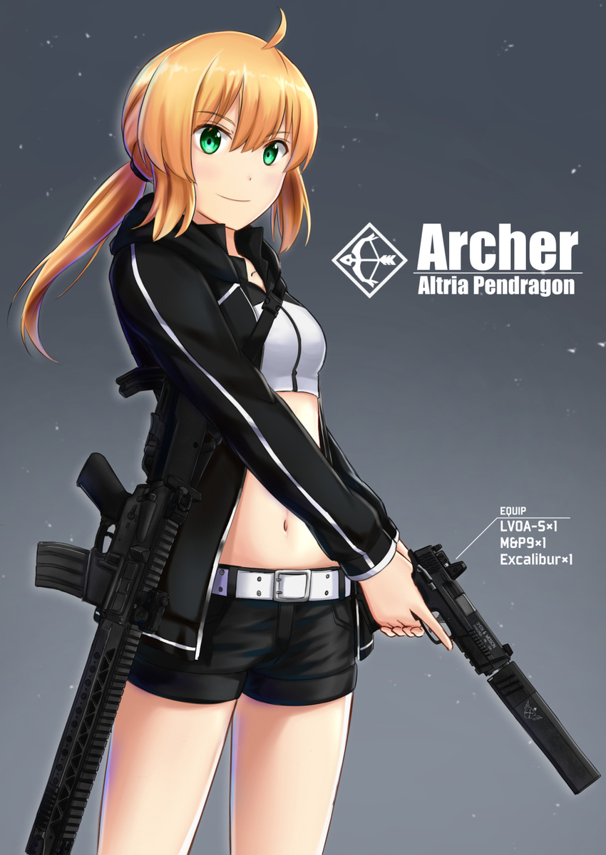 ahoge alternate_hairstyle artoria_pendragon_(all) artoria_pendragon_(swimsuit_archer) assault_rifle bangs belt belt_buckle black_jacket black_shorts blonde_hair breasts buckle character_name closed_mouth collarbone commentary_request cowboy_shot eyebrows_visible_through_hair fate/grand_order fate/stay_night fate_(series) gradient gradient_background green_eyes gun hair_ornament hair_tie handgun highres holding holding_gun holding_weapon hood hood_down hooded_jacket hoodie jacket long_hair long_sleeves looking_at_viewer low_ponytail midriff navel open_clothes open_hoodie pistol rifle saamon_(railgun0522) scope short_shorts shorts sidelocks small_breasts smile solo standing stomach suppressor trigger_discipline weapon white_belt