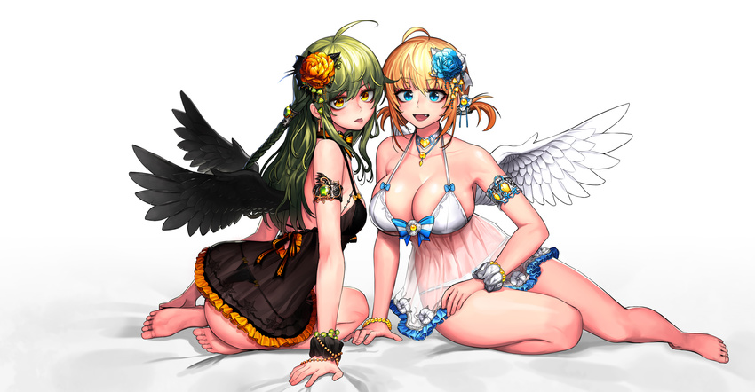:d :p ahoge angel angel_and_devil angel_wings arm_support armlet ass babydoll back bangs bare_arms bare_legs bare_shoulders barefoot bead_bracelet beads black_bra black_panties black_wings blonde_hair blue_bow blue_eyes blue_flower blush bow bow_bra bow_panties bra bracelet braid breasts cain_(gunnermul) choker cleavage collarbone commentary eyebrows_visible_through_hair fang feathered_wings feet fingernails flower from_behind full_body green_hair hair_between_eyes hair_flower hair_ornament hand_on_lap highres jewelry large_breasts lingerie long_hair looking_at_viewer looking_back lowleg lowleg_panties multiple_girls necklace on_bed open_mouth orange_flower original panties scrunchie short_hair side_braid sitting sitting_on_bed small_breasts smile soles spread_wings thong toenails toes tongue tongue_out two_side_up underwear underwear_only wavy_hair white_bra white_panties white_wings wings wrist_scrunchie yokozuwari