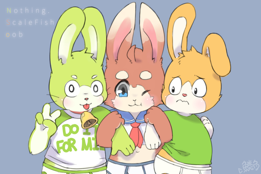 bell bell_collar blue_eyes blush briefs child clothing collar cub fur green_fur group lagomorph male mammal navel necktie orange_fur rabbit red_fur scalefish_520 shirt simple_background standing t-shirt tongue tongue_out underwear v_sign young