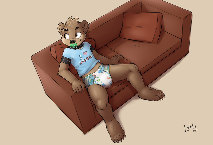 2017 5_fingers 5_toes anthro bear brown_eyes brown_fur brown_hair claws clothed clothing collar cub diaper feet fur hair iztli male mammal pacifier partially_clothed short_hair signature simple_background smile sofa solo toes watermark young