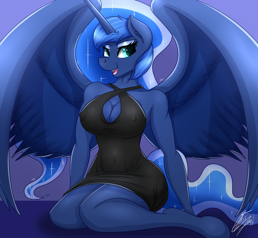 2017 absurd_res anthro anthrofied aura black_clothing black_dress blue_eyes blue_hair bracelet breasts clothed clothing cute digital_media_(artwork) dress equine eyelashes eyeshadow female friendship_is_magic fur hair hi_res horn jewelry kneeling makeup mammal my_little_pony princess_luna_(mlp) simple_background solo trentgt winged_unicorn wings