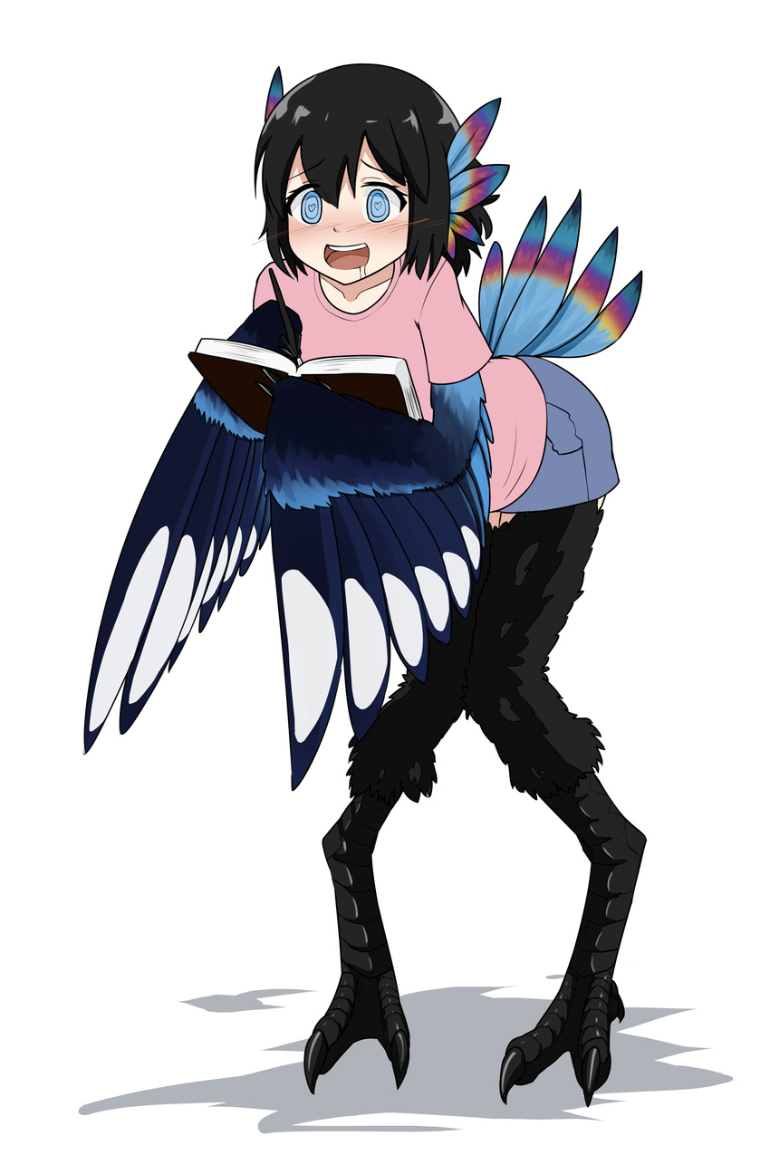 absurdres animal_ears bird_ears bird_legs bird_tail bird_wings blue_eyes blue_feathers blue_skirt blush book claws collarbone cowfee digitigrade drooling excited eyebrows_visible_through_hair feathers full_body gradient harpy heart heart-shaped_pupils highres leaning_forward looking_afar monster_girl open_mouth original pen pink_shirt shadow shirt short_hair simple_background skirt symbol-shaped_pupils tail_feathers talons unfinished white_background wings writing