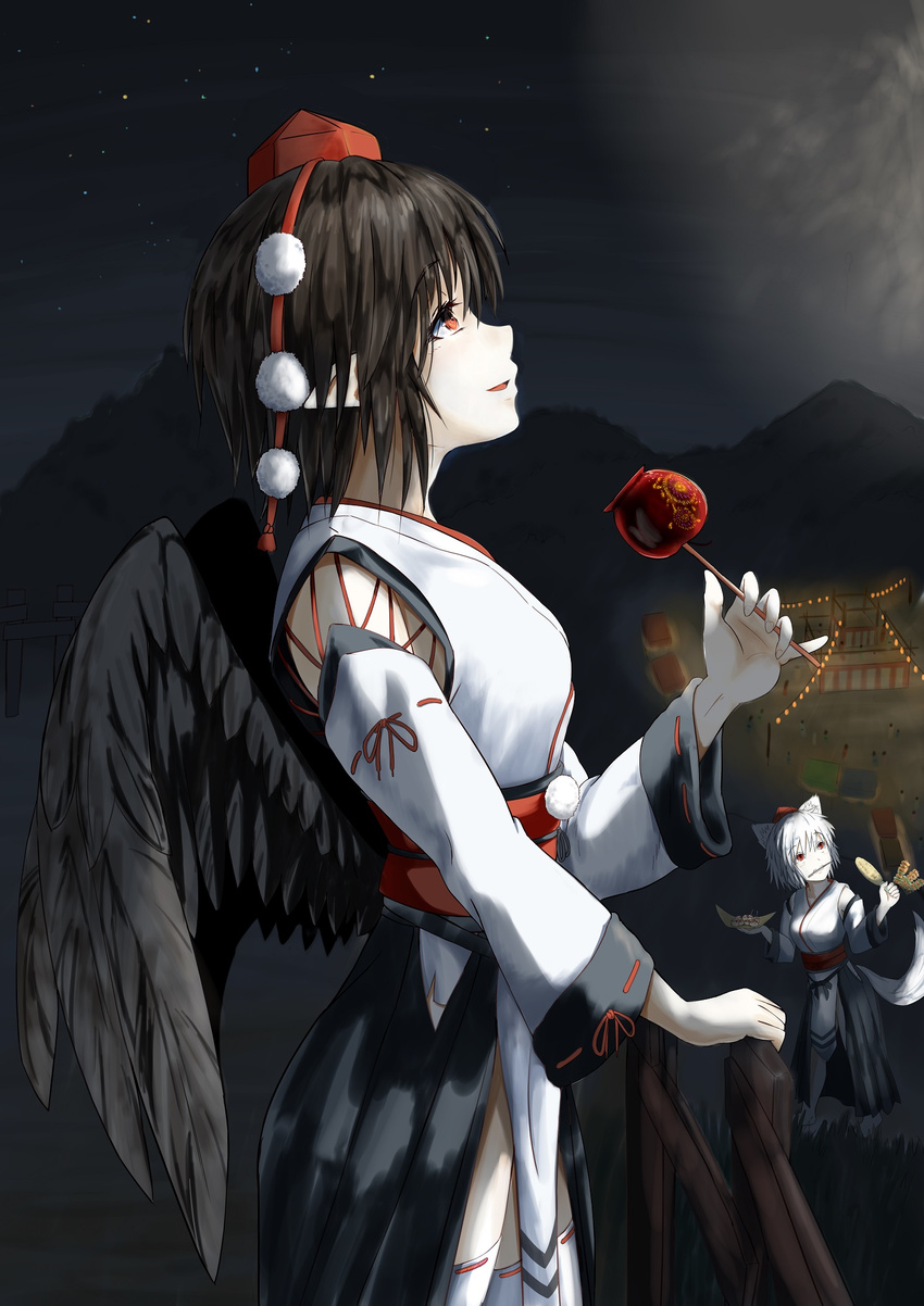animal_ears bird_wings black_hair candy_apple cloud commentary_request detached_sleeves feathered_wings festival fireworks food hand_rest hat highres inubashiri_momiji kagami_toufu kourindou_tengu_costume looking_to_the_side looking_up mountain mouth_hold multiple_girls night obi outdoors parted_lips profile red_eyes reflection ribbon-trimmed_legwear ribbon_trim sash shameimaru_aya short_hair sideways_mouth skewer sky stage standing star_(sky) starry_sky tail takoyaki thighhighs tokin_hat touhou white_hair white_legwear wings wolf_ears wolf_tail yakitori