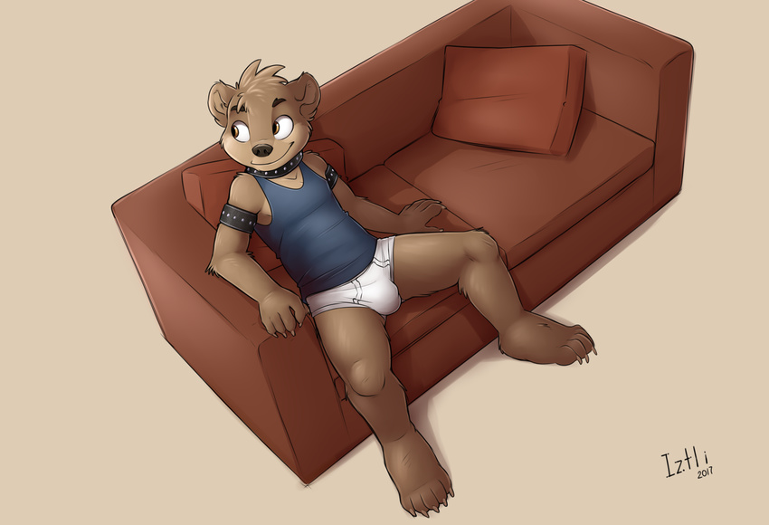 2017 5_fingers 5_toes anthro bear briefs brown_eyes brown_fur brown_hair bulge claws clothed clothing collar cub feet fur hair iztli male mammal partially_clothed short_hair signature simple_background sofa solo toes underwear watermark young
