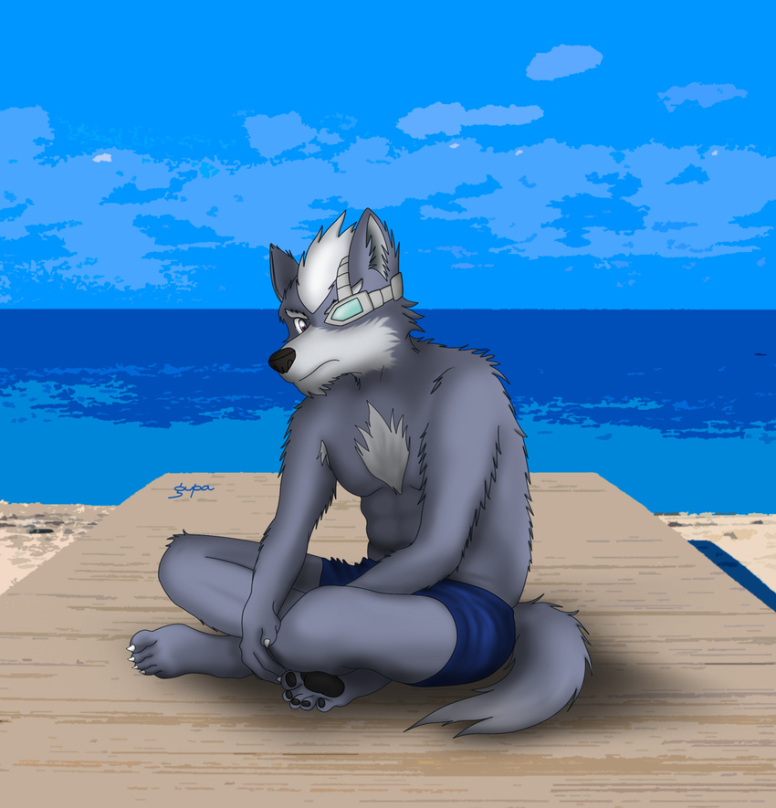 abs armpit_hair beach boardwalk brown_eyes canine chest_fuzz chest_tuft clothing cloud fur grey_fur hair looking_at_viewer mammal multicolored_fur multicolored_tail nintendo pecs prosthetic relaxing sea seaside shorts sitting star_fox tropical tuft two_tone_fur video_games water white_hair wolf wolf_o'donnell