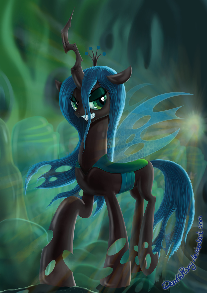 2017 cave changeling crown deathpwny fangs female feral friendship_is_magic green_eyes green_hair grin hair horn insect_wings inside looking_at_viewer membranous_wings my_little_pony queen_chrysalis_(mlp) smile solo spread_wings teeth wings