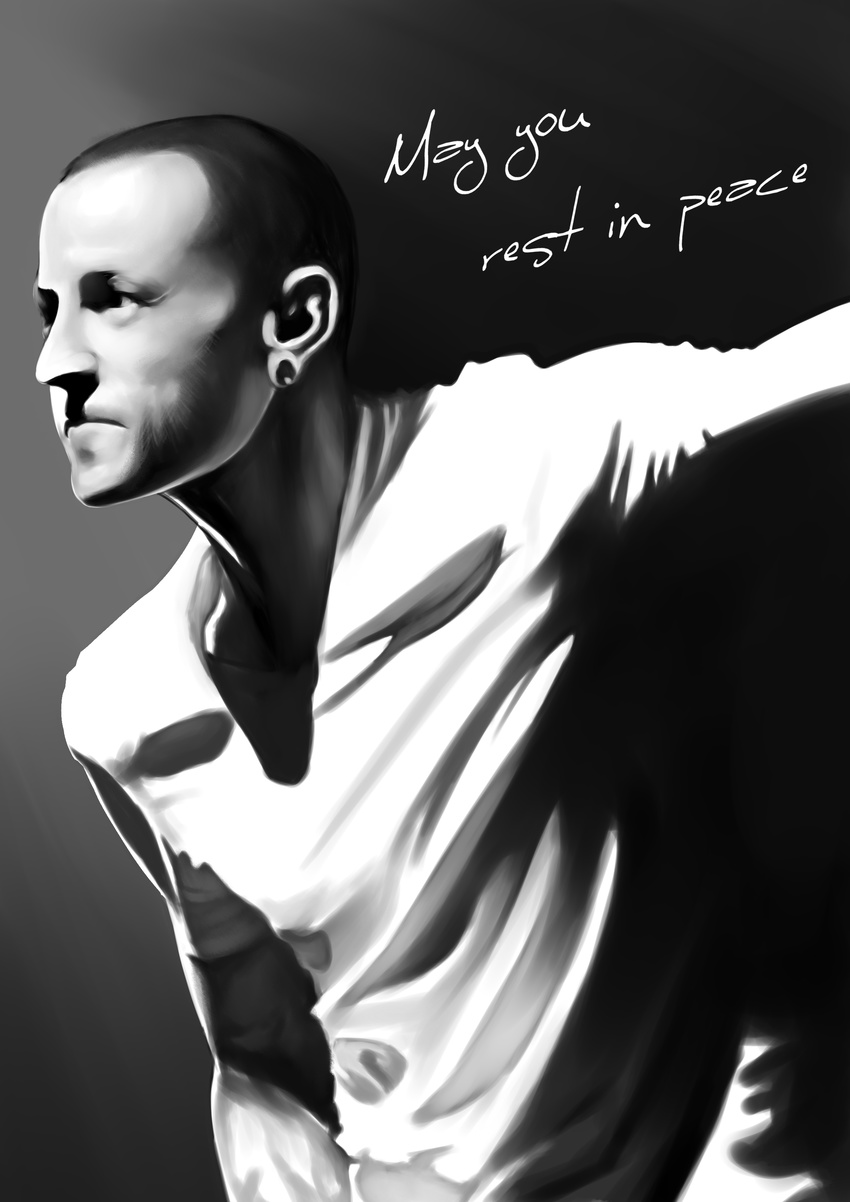 absurdres chester_charles_bennington commentary_request ear_piercing english greyscale highres linkin_park male_focus monochrome piercing realistic shaved_head shirt super_joannco