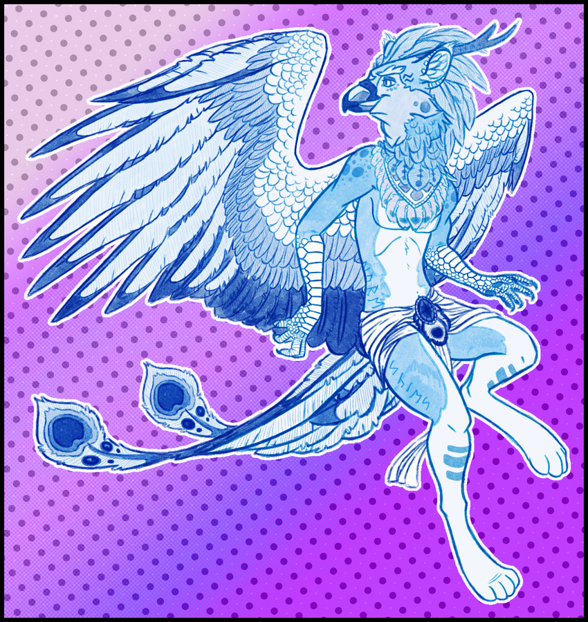 anthro antlers avian azure_(o0aquadragon0o) clothing feathers gryphon horn jewelry loincloth male necklace o0aquadragon0o runes simple_background sketch smile solo wings