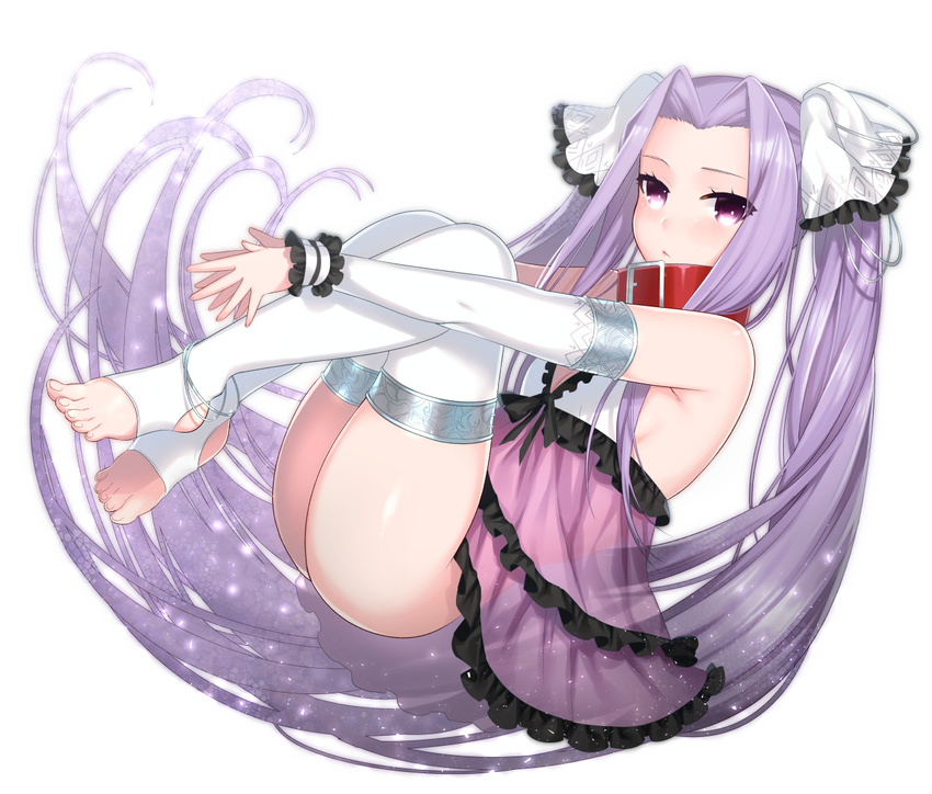 anoshabu babydoll bangs closed_mouth collar detached_sleeves expressionless fate/grand_order fate_(series) feet floating_hair forehead full_body legs_together long_hair looking_at_viewer medusa_(lancer)_(fate) parted_bangs purple_babydoll purple_eyes purple_hair rider sidelocks simple_background solo stirrup_legwear thighhighs thighs toeless_legwear toes twintails v_arms white_background white_legwear