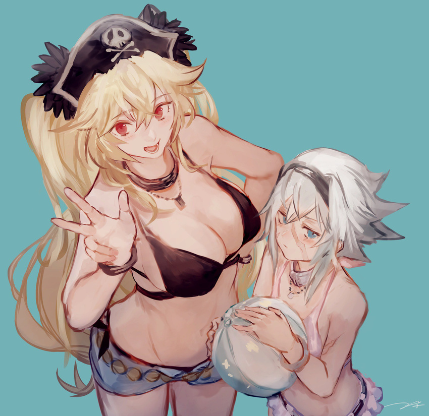 anne_bonny_(fate/grand_order) ball bare_shoulders beachball bikini blonde_hair blue_eyes breasts denim denim_shorts fate/grand_order fate_(series) groin hairband hat highres jewelry kouzuki_kei large_breasts mary_read_(fate/grand_order) multiple_girls navel necklace pirate_hat red_eyes scar short_hair shorts silver_hair skirt swimsuit twintails v