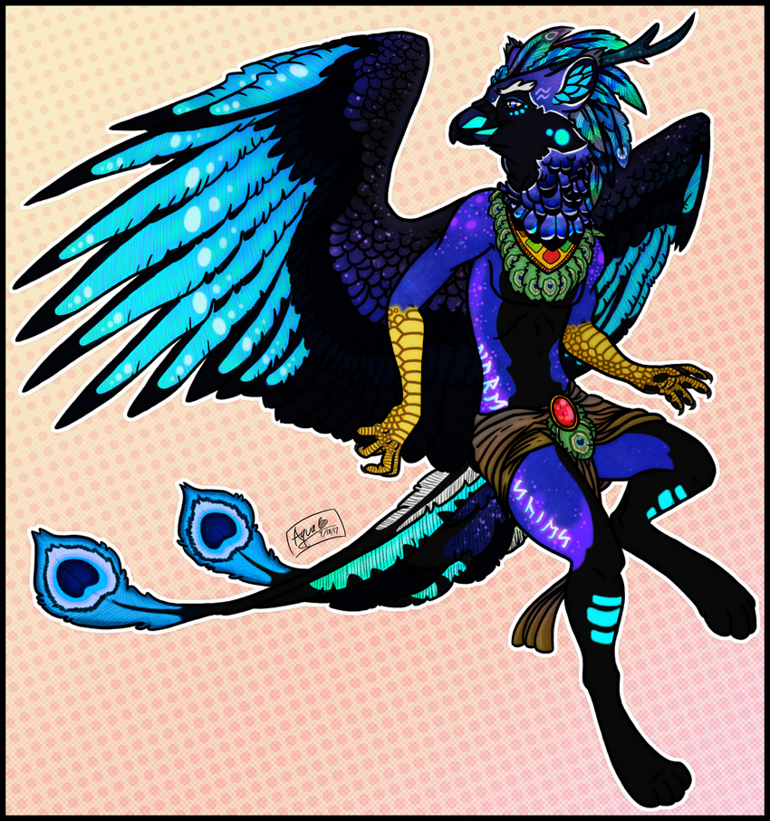 anthro antlers avian azure_(o0aquadragon0o) blue_eyes clothing feathered_wings feathers full_body gryphon horn jewelry loincloth male necklace o0aquadragon0o runes simple_background smile solo wings