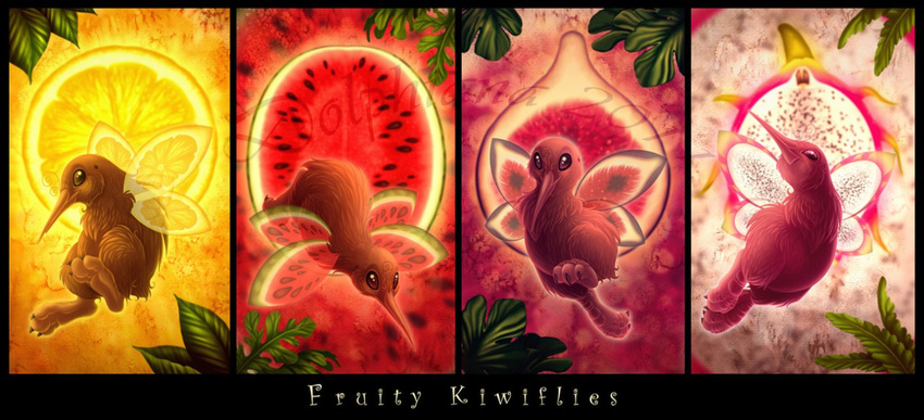 2011 3_toes 4_wings ambiguous_gender avian beak biped bird black_border border brown_beak brown_feathers claws cutaway digital_drawing_(artwork) digital_media_(artwork) digitigrade distracting_watermark dolphydolphiana dragon_fruit english_text feathers featureless_crotch feral fig_(fruit) flying food food_creature front_view fruit group insect_wings kiwi_(species) kiwifly leaf lemon light looking_at_viewer melon multi_wing nude outline pose simple_background slightly_chubby talons text textured_background toes warm_colors watermark watermelon wings
