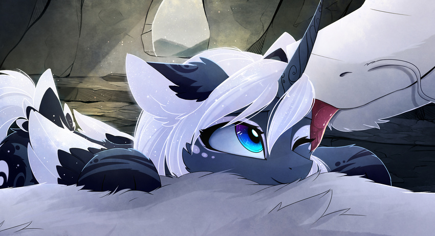blue_eyes blue_fur detailed_background dragon duo equine female feral friendship_is_magic fur hair horn licking magnaluna mammal my_little_pony princess_luna_(mlp) smile tongue tongue_out white_fur white_hair winged_unicorn wings