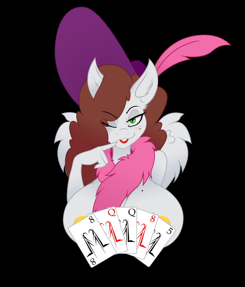 2017 anthro beauty_mark breasts card cleavage clothed clothing equine fan_character feather_boa feathers female full_service_(oc) green_eyes hat jrvanesbroek lipstick makeup mammal mature_female my_little_pony nipples one_eye_closed pegasus playing_card solo wings wink