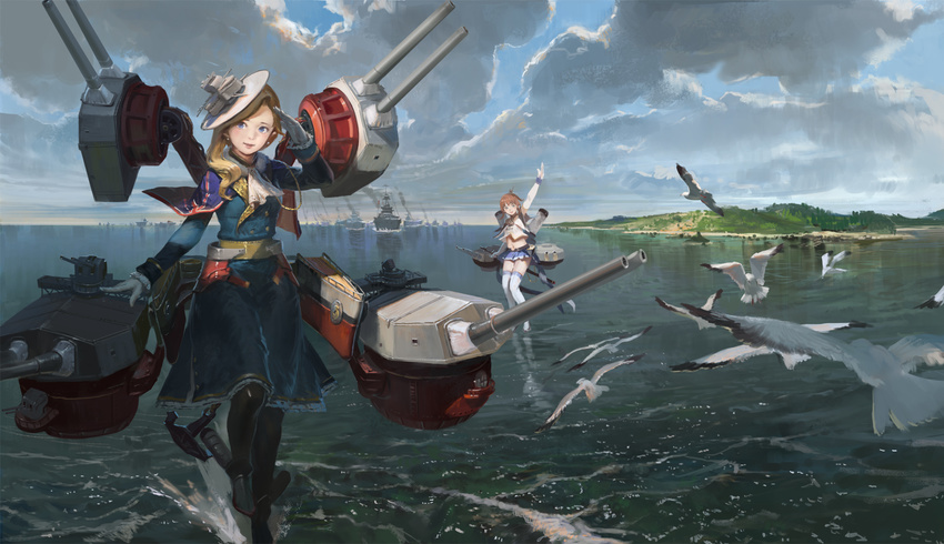 :d aiguillette aircraft_carrier anchor azur_lane bangs battleship beach belt bird black_legwear blonde_hair blue_eyes brown_hair buttons capelet cloud cloudy_sky commentary_request earrings elbow_gloves fleet frill_trim frills full_body fur_trim gloves hat headgear highres hood_(azur_lane) jeanex jewelry leg_up long_sleeves looking_afar looking_at_viewer midriff military military_uniform military_vehicle miniskirt multiple_girls navel ocean on_water open_mouth outdoors pantyhose pleated_skirt repulse_(azur_lane) rigging rocket_launcher salute seagull ship shoes short_hair skirt sky sleeveless smile smoke smokestack swept_bangs thighhighs traditional_media trench_coat turret uniform wake warship water watercraft waving wavy_hair weapon white_gloves white_legwear