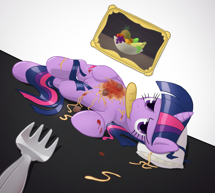 2012 equine female feral food friendship_is_magic hair horn looking_at_viewer lying mammal multicolored_hair my_little_pony object_in_mouth on_side pillow purple_eyes solo surgicalarts twilight_sparkle_(mlp) unicorn