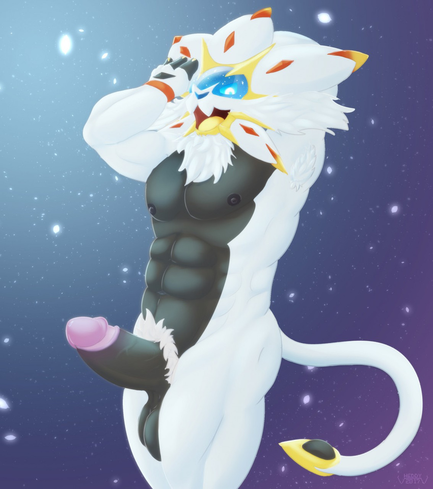 2017 abs anthro anthrofied armpit_hair balls biceps biped black_balls black_fur black_nipples black_penis blue_eyes digital_media_(artwork) erection feline front_view fur glans glowing glowing_eyes hands_behind_head heddy hi_res humanoid_penis legendary_pok&eacute;mon lion looking_at_viewer male mammal multicolored_fur muscular muscular_male night nintendo nipples nude open_mouth pecs penis pok&eacute;mon pok&eacute;morph portrait pubes saggy_balls signature sky solgaleo solo standing star starry_sky three-quarter_portrait tongue two_tone_fur vein veiny_penis video_games white_fur white_tail yellow_tongue
