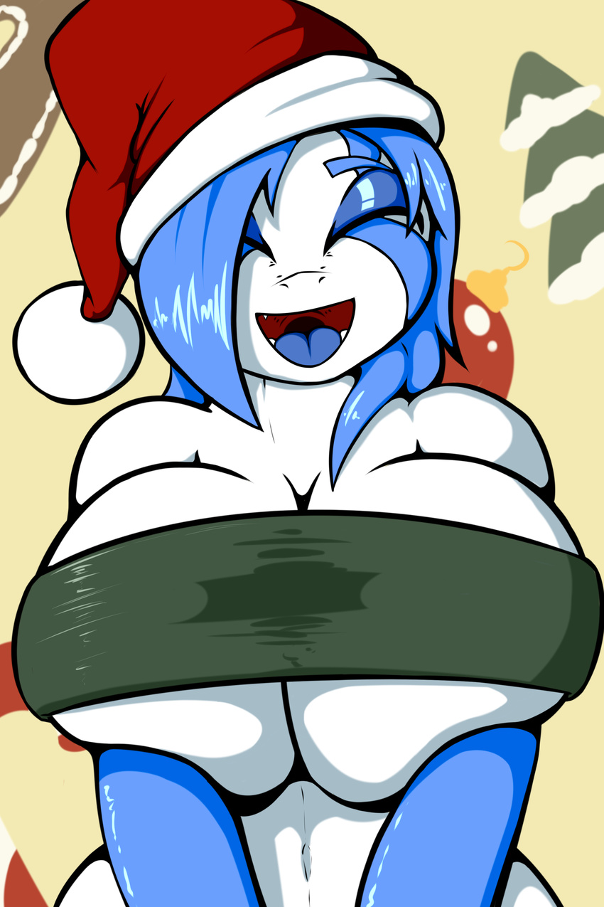 big_breasts blue_hair breasts christmas christmas_tree eyes_closed female hair hat holidays jet_(quin_nsfw) navel open_mouth quin-nsfw santa_hat tongue tree