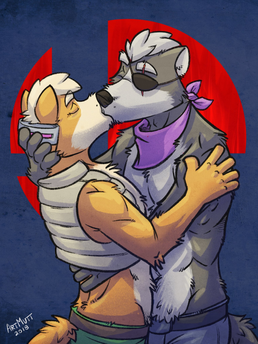 anthro canine clothed clothing duo embrace fox fox_mccloud fully_clothed k-9 kissing male male/male mammal muscular muscular_male nintendo partially_clothed size_difference star_fox topless video_games wolf wolf_o'donnell