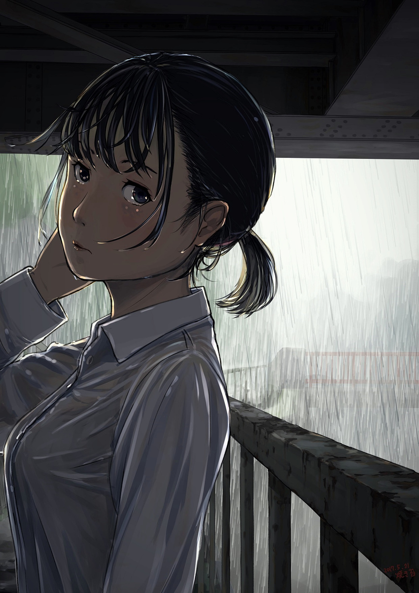 black_eyes black_hair bridge dark dated day highres lips looking_at_viewer looking_to_the_side original outdoors railing rain shirt short_ponytail signature solo upper_body wet wet_clothes wet_hair wet_shirt yakikoke