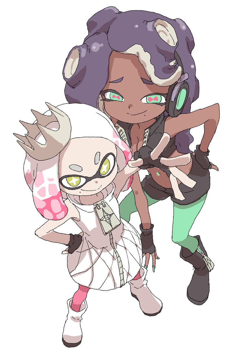 2girls absurdres bare_shoulders breasts cephalopod_eyes cleavage crop_top crown dark_skin domino_mask dress fingerless_gloves full_body gloves green_eyes green_nails hand_on_hip headphones highres hime_(splatoon) iida_(splatoon) looking_at_viewer mask medium_breasts midriff mole mole_under_mouth multicolored_hair multiple_girls nail_polish navel navel_piercing octarian pantyhose pantyhose_under_shorts piercing pink_hair purple_hair short_eyebrows simple_background sleeveless sleeveless_dress smile splatoon_(series) splatoon_2 symbol-shaped_pupils tentacle_hair two-tone_hair white_background white_hair yamamoto_souichirou yellow_eyes zipper