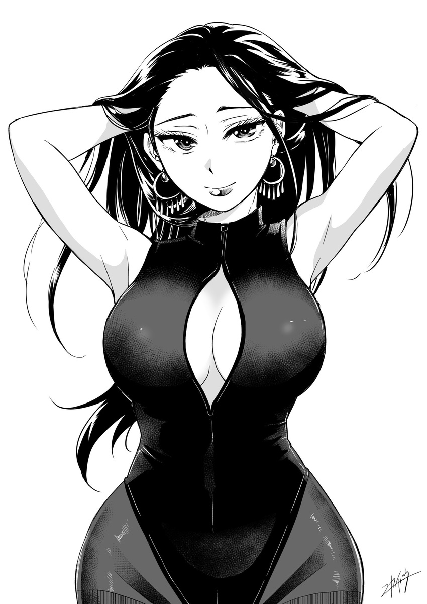 armpits bare_shoulders breasts center_opening cleavage commentary_request cowboy_shot dress earrings greyscale highres hips holding holding_hair jewelry large_breasts long_hair looking_at_viewer monochrome nikaidou_kou open_clothes open_dress original signature simple_background skin_tight smile white_background