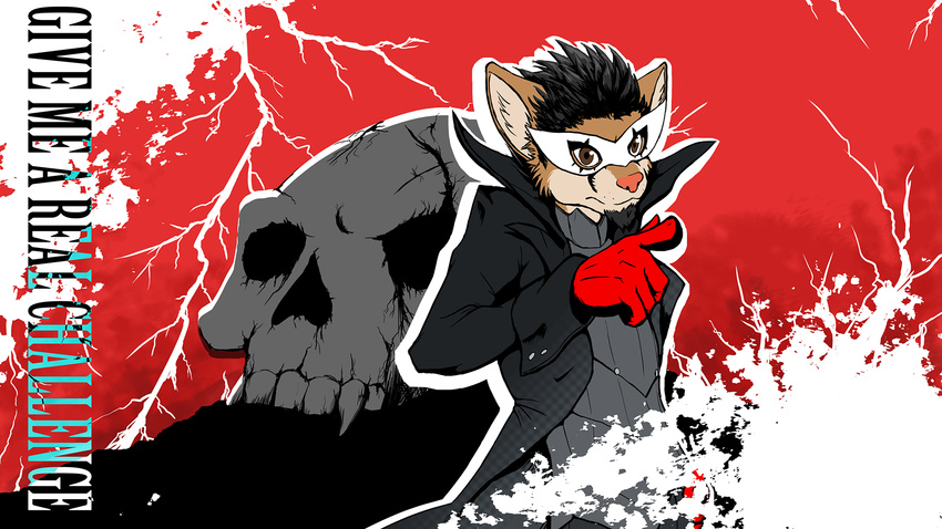 anthro black_hair brown_eyes clothing cosplay cougar facial_hair feline gloves hair hi_res hyperchaotix lightning male mammal mask megami_tensei persona persona_5 pink_nose pointing randochris_(character) skull spiked_hair text trenchcoat wallpaper