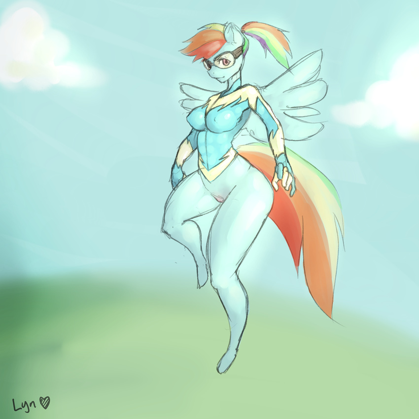 anthro blue_feathers bodysuit breasts clothing equine eyewear feathers female flying friendship_is_magic goggles hair looking_at_viewer mammal multicolored_hair my_little_pony nipple_bulge outside pegasus rainbow_dash_(mlp) rainbow_hair sketch skinsuit solo tight_clothing tsudamaku wide_hips wings