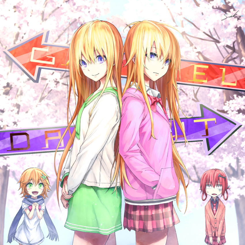 ahoge back-to-back bat_hair_ornament blonde_hair blue_eyes bow bowtie cardigan cherry_blossoms chisaki_tapris_sugarbell copyright_name cross_of_saint_peter directional_arrow dress dual_persona expressionless flower gabriel_dropout green_eyes hair_flower hair_ornament hair_ribbon hair_rings hands_in_pockets hands_together hood hoodie kurumizawa_satanichia_mcdowell long_hair long_scarf looking_at_viewer messy_hair multiple_girls necktie open_mouth pink_cardigan pleated_skirt red_hair ribbon sak_(user_yarg) scarf school_uniform serafuku shaded_face short_hair signature skirt smile tenma_gabriel_white white_dress