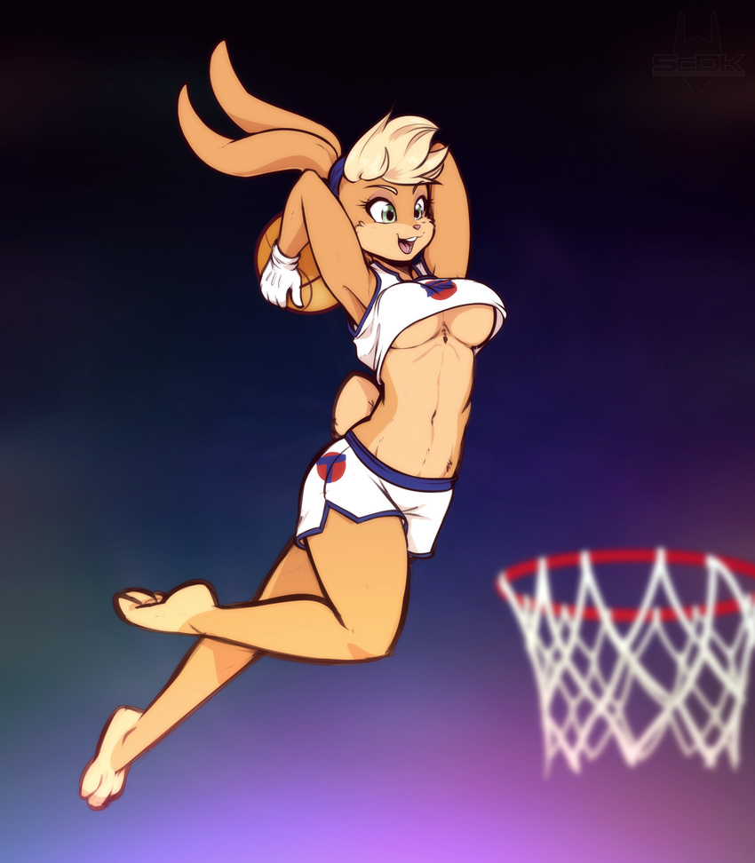 2017 anthro athletic barefoot basketball blonde_hair breasts buckteeth clothed clothing eyebrows eyelashes female fur gloves hair hi_res holding_object lagomorph lola_bunny looney_tunes mammal midriff open_mouth rabbit scorpdk smile solo sport teeth tongue under_boob warner_brothers