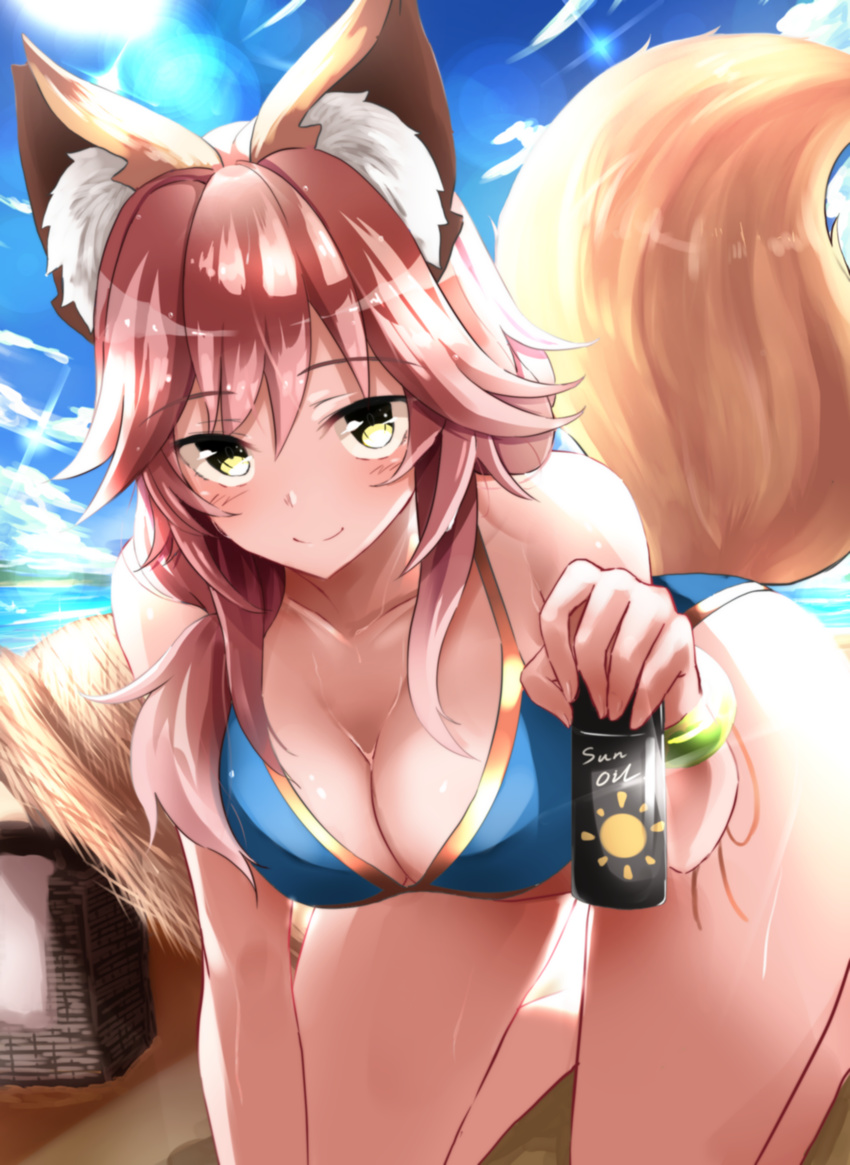 absurdres all_fours animal_ears bikini blue_bikini blush bottle breasts cleavage commentary_request day fate/grand_order fate_(series) fox_ears fox_tail fuu_(fuore) highres holding holding_bottle large_breasts long_hair looking_at_viewer lotion nature ocean outdoors pink_hair solo sunscreen sweat swimsuit tail tail_raised tamamo_(fate)_(all) tamamo_no_mae_(fate) tamamo_no_mae_(swimsuit_lancer)_(fate) yellow_eyes