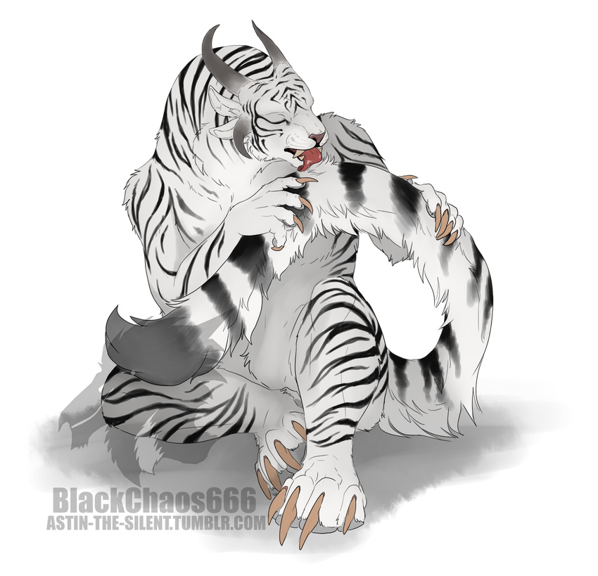 alpha_channel anthro blackchaos666 charr claws fangs feline female flat_chested fluffy fluffy_tail fur guild_wars hair hi_res holding_tail horn licking mammal multi_ear nude simple_background solo striped_fur stripes tongue tongue_out transparent_background url video_games watermark white_fur