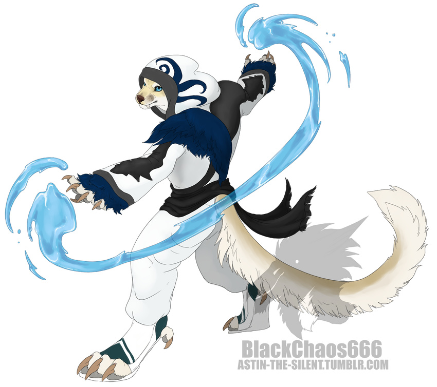 action_pose alpha_channel anthro blackchaos666 blue_eyes charr claws clothing fangs feline female flat_chested fluffy fluffy_tail fur guild_wars hi_res hood magic mammal open_mouth simple_background solo transparent_background url video_games watermark white_fur