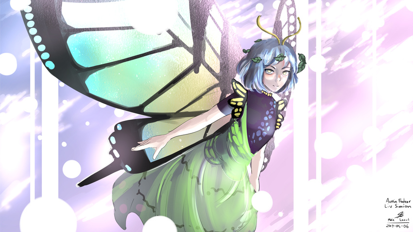 absurdres antennae bangs blue_hair breasts bright_background bug butterfly butterfly_wings cloud cloudy_sky day dress eternity_larva flying green_dress hair_ornament highres insect leaf leaf_hair_ornament looking_at_viewer malik short_hair sky smile solo sunlight touhou wings yellow_eyes