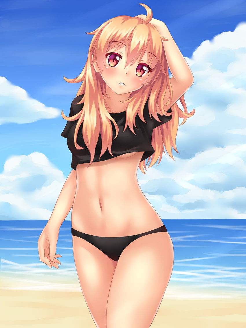 1girl ahoge arm_up artist_self-insert bangs beach bikini bikini_bottom black_bikini_bottom black_panties black_shirt blonde_hair blue_sky blush breasts cloud cloudy_sky cowboy_shot crop_top day eyebrows_visible_through_hair fast-runner-2024 hair_between_eyes hand_behind_head hand_on_head head_tilt highres horizon long_hair looking_at_viewer medium_breasts midriff navel no_bra no_pants ocean open_mouth orange_eyes original outdoors panties parted_lips red_eyes sand shirt short_sleeves sky smile solo stomach swimsuit t-shirt teeth thighs tiffy underboob very_long_hair water