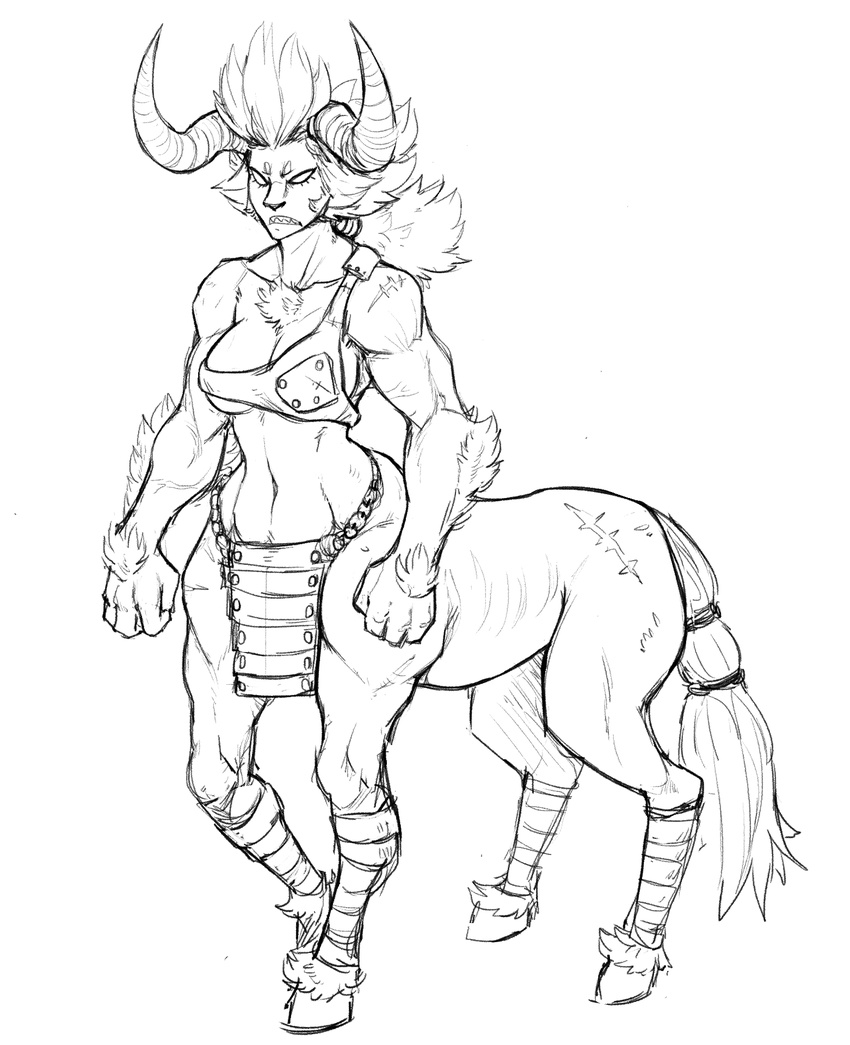 breasts chest_tuft cleavage clothed clothing female guoh horn muscular muscular_female scar sketch skimpy snarling solo taur tuft