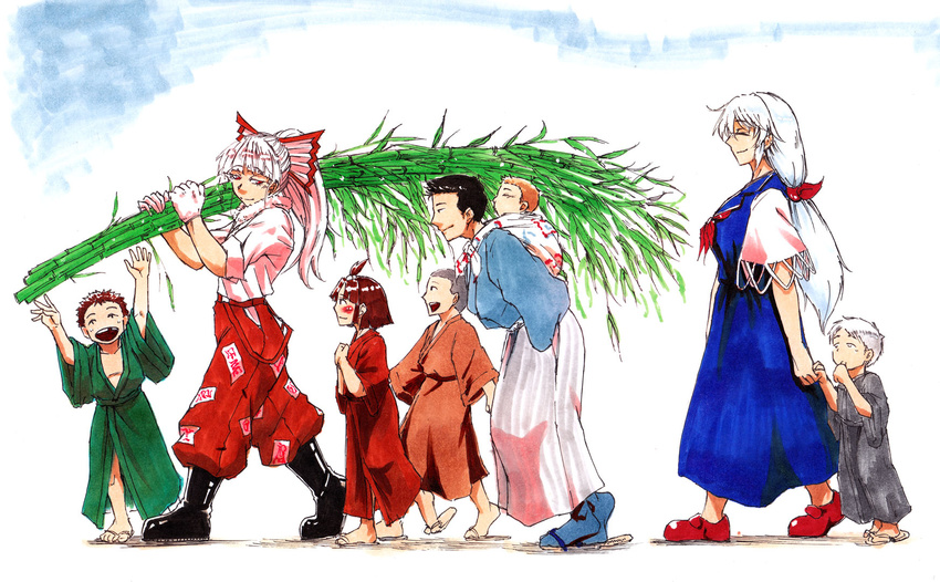 5boys alternate_hairstyle baggy_pants bamboo blue_dress boots bow carrying colorized commentary_request dress fujiwara_no_mokou gloves hair_bow highres kamishirasawa_keine koyubi_(littlefinger1988) long_hair long_ponytail multiple_boys multiple_girls open_mouth pants red_eyes sandals short_sleeves smile suspenders tanabata touhou white_hair