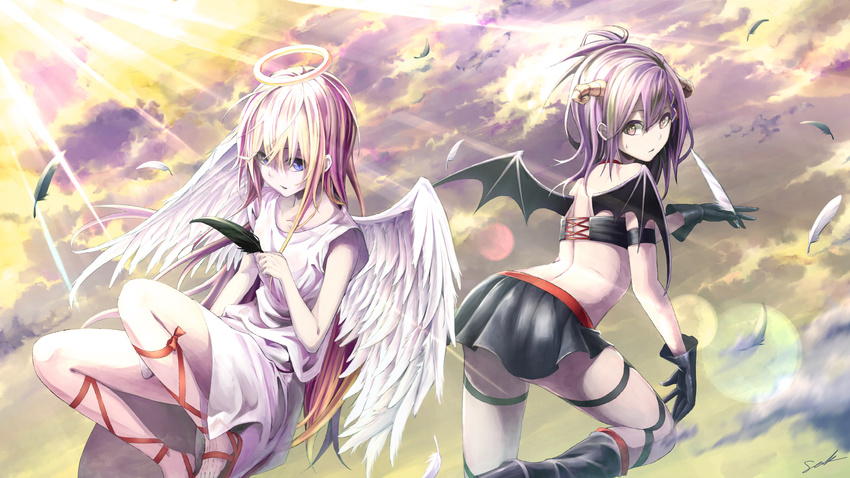 angel angel_and_devil angel_wings bare_shoulders black_feathers blonde_hair blue_eyes boots cloud commentary_request cross-laced_footwear cross-laced_legwear demon_girl demon_horns demon_tail demon_wings diffraction_spikes feathers floating gabriel_dropout gloves hallelujah_essaim halo highres holding_feather horns leaning_forward long_hair looking_at_viewer looking_back multiple_girls parted_lips purple_eyes purple_hair sak_(user_yarg) sandals short_hair signature skirt sky strapless tail tenma_gabriel_white topknot tsukinose_vignette_april tubetop wings