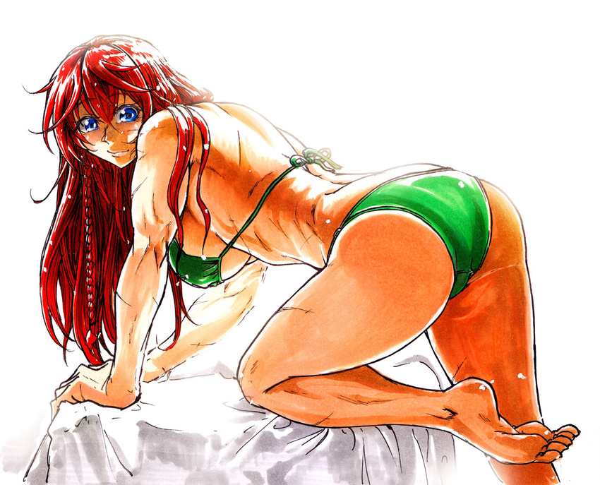 alternate_costume bangs bikini blue_eyes braid breasts closed_mouth commentary_request from_side green_bikini hong_meiling koyubi_(littlefinger1988) large_breasts long_hair looking_at_viewer looking_to_the_side red_hair scar smile solo swimsuit touhou twin_braids