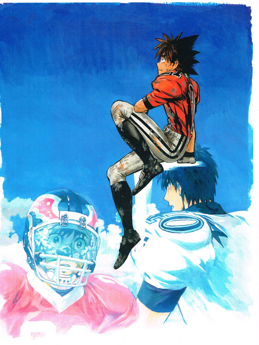 :o black_eyes black_hair cloud cloudy_sky commentary_request dirty_clothes elbow_on_knee eyeshield_21 football_helmet football_uniform from_behind from_side helmet highres kobayakawa_sena looking_afar looking_up multicolored_hair multiple_boys multiple_views murata_yuusuke official_art open_mouth pointy_hair scan sitting sky sportswear