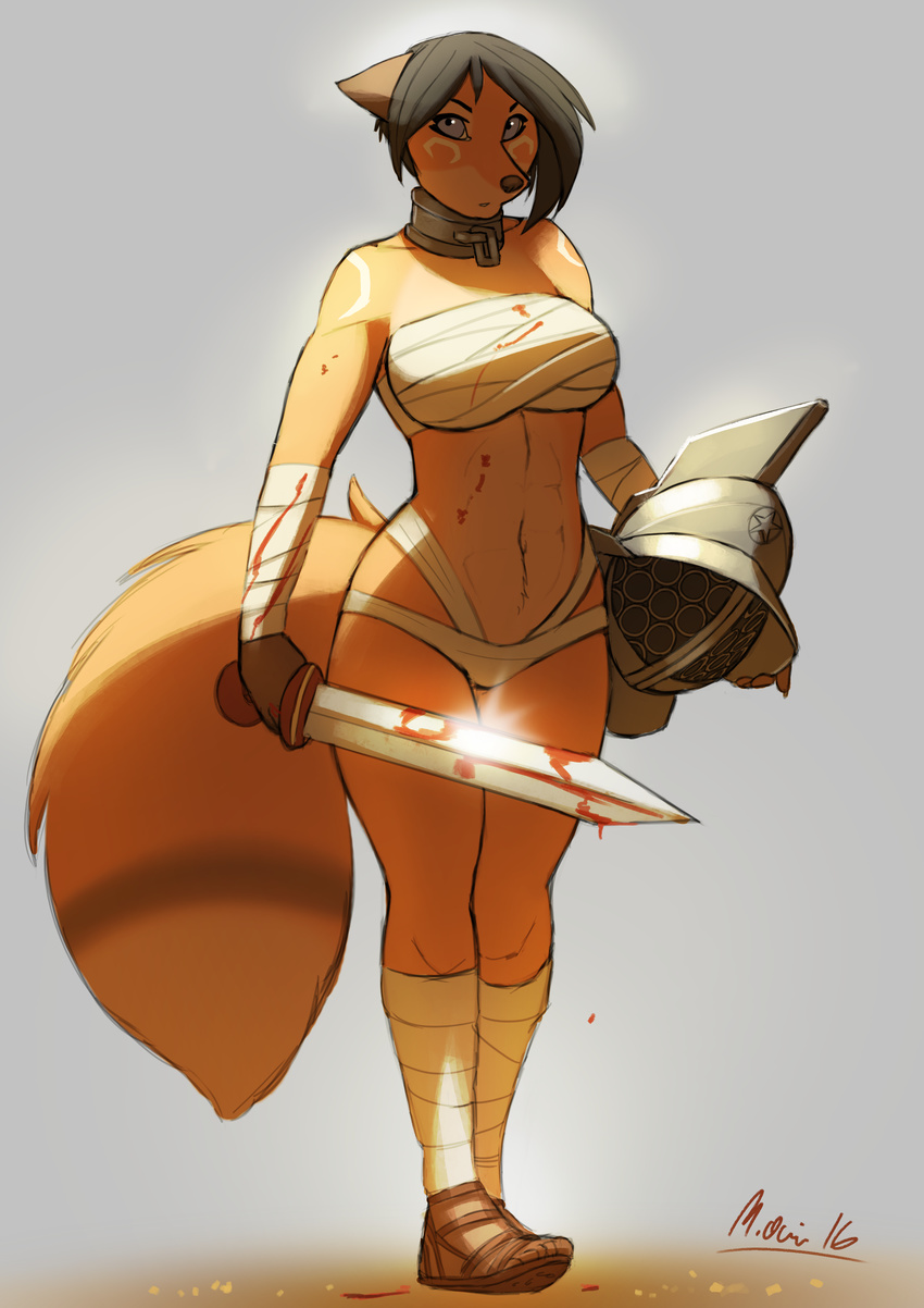 anthro armor bandage blood canine clothed clothing collar female fox gladiator helmet hi_res looking_at_viewer mammal melee_weapon skimpy solo sword weapon wide_hips woadedfox
