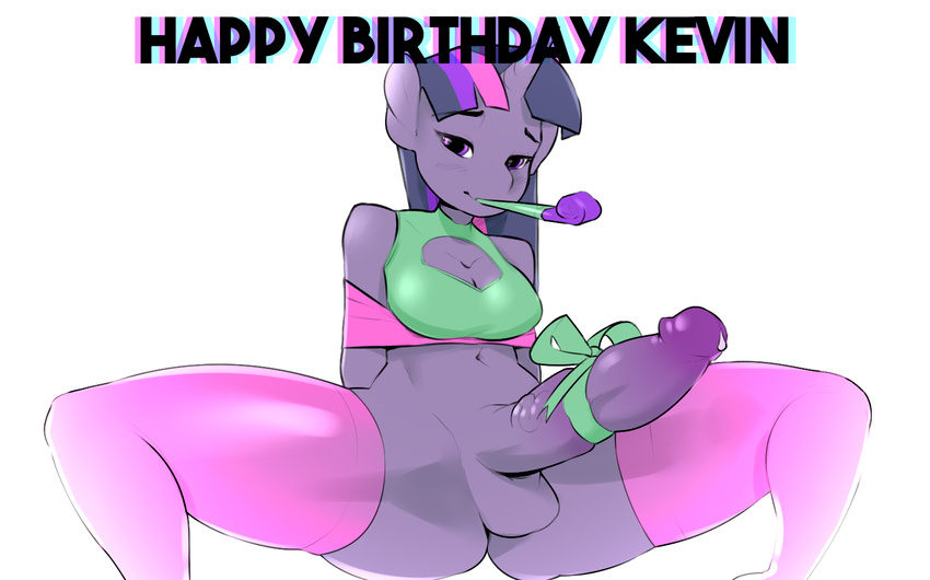 16:10 2015 anthro anthrofied balls birthday bottomless clothed clothing dickgirl english_text equine erection friendship_is_magic hair horn humanoid_penis intersex legwear long_hair mammal multicolored_hair my_little_pony navel penis purple_skin simple_background solo spread_legs spreading text thigh_highs tsudamaku twilight_sparkle_(mlp) unicorn white_background