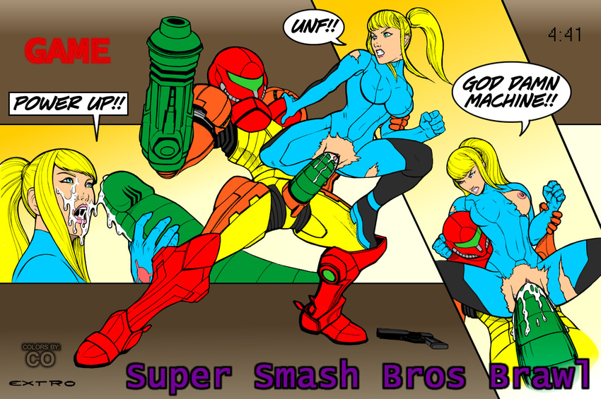 angry blonde_hair clenched_teeth cum_trail extro facial futa_on_female futanari gun handjob metroid nintendo penis ponytail rape samus_aran shaved_pussy super_smash_bros. vaginal zero_suit