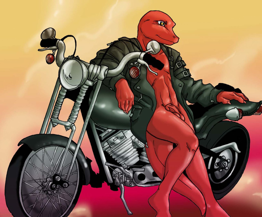 2010 5_fingers abstract_background anthro balls biker biped bottomless claws clothed clothing darkzel digital_media_(artwork) flaccid front_view full-length_portrait glans green_clothing green_topwear humanoid_penis jacket lizard looking_away male motorcycle penis portrait reclining red_balls red_claws red_penis red_scales red_tail reptile scales scalie snout solo spazz_(stripes) vehicle