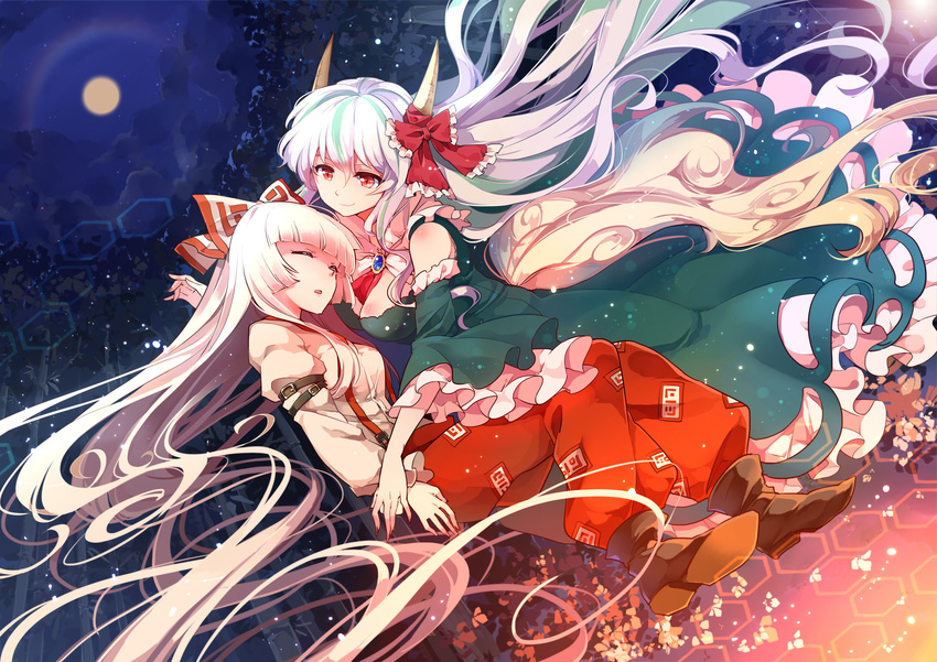 absurdres bamboo bamboo_forest bow breasts brooch closed_eyes cloud dress ex-keine forest fujiwara_no_mokou full_moon green_dress hair_bow highres horn_ribbon horns jewelry juliet_sleeves kamishirasawa_keine large_breasts long_hair long_sleeves moon multiple_girls nature neckerchief night open_mouth pants puffy_sleeves red_eyes ribbon shirt silver_hair sky smile suspenders touhou very_long_hair yetworldview_kaze
