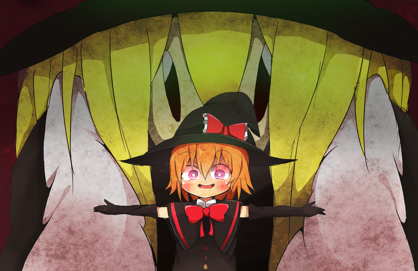 akabeco black_gloves black_hat blonde_hair blush bow cookie_(touhou) elbow_gloves eyebrows_visible_through_hair gloves hair_bow hat highres kirisame_marisa looking_at_viewer meguru_(cookie) multiple_girls open_mouth purple_eyes red_bow short_hair smile touhou witch_hat yuuhi_(cookie)