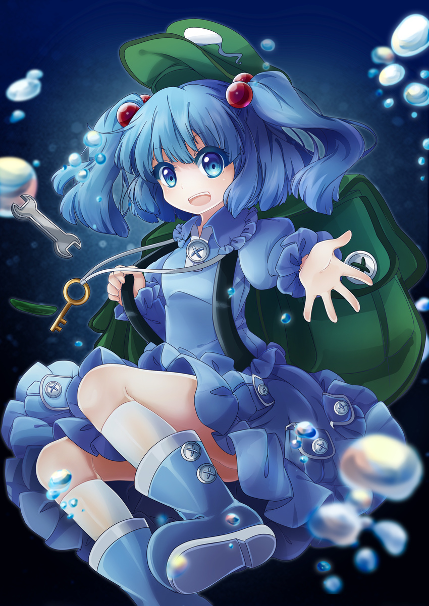 absurdres backpack bag blue_dress blue_eyes blue_footwear blue_hair boots bubble cucumber dress gradient gradient_background green_hat hacko hair_bobbles hair_ornament hat highres kawashiro_nitori key kneehighs long_sleeves looking_at_viewer open_mouth outstretched_arm puffy_sleeves rubber_boots screwdriver shirt skirt skirt_set smile solo touhou two_side_up underwater white_legwear wrench